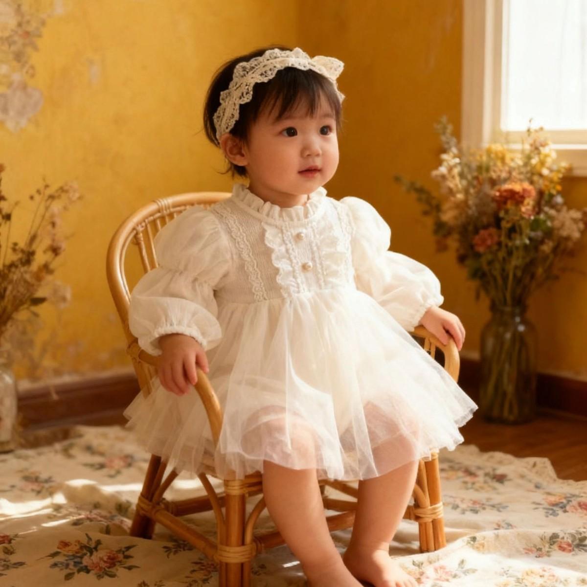 French-Style Court-Style Baby Princess Dress with Puff Sleeves, Soft Tulle, and Long Sleeves for Young Girls