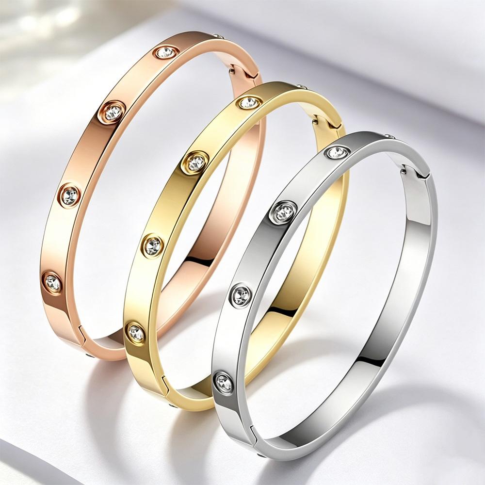 Stainless Steel Bracelet for Women, High-End 18K Gold Non-Fading Clasp, 6mm Ten-Diamond Fashion Light Luxury Rose Gold Bracelet