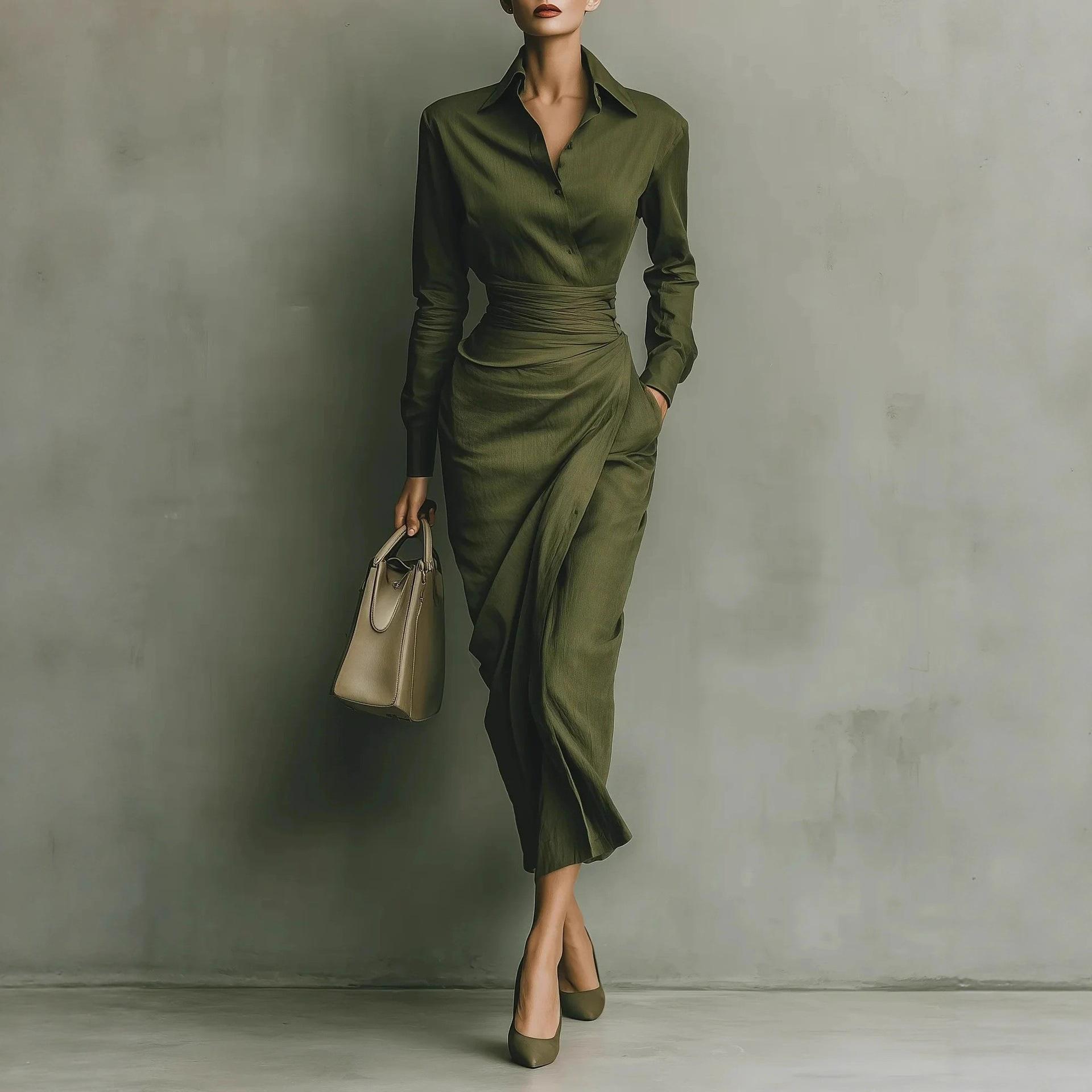 2025 Autumn and Winter Temperament Commuting Dress Independent Station Foreign Trade Amazon Slim Asymmetric Long Sleeve Shirt Dress