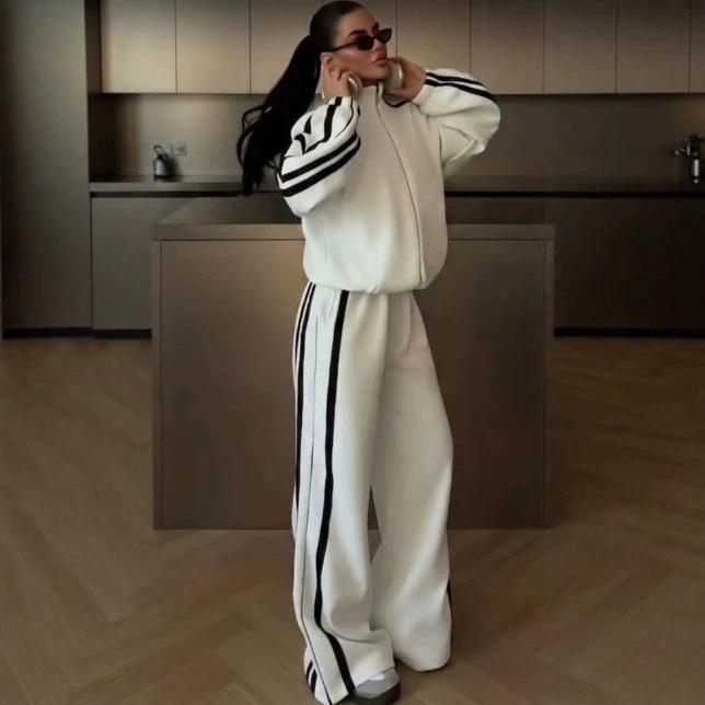 European and American style striped sports sweatshirt set, high-waisted wide-leg pants, versatile casual women's clothing, factory wholesale