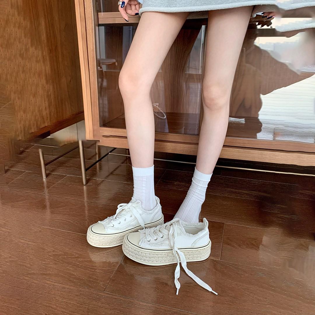 In-Stock 2026 Spring New Paris Fisherman Shoes 5cm Height-Increasing Woven Thick-Soled Canvas Shoes Women's Casual White Shoes
