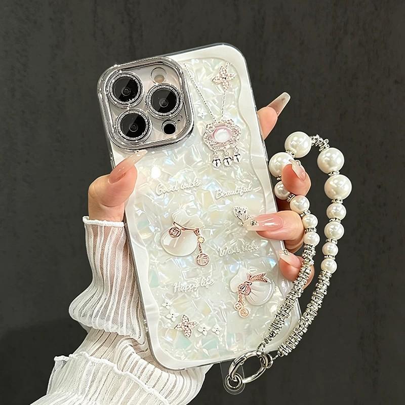 Shell Pattern Crystal Lucky Bag with Bracelet Suitable for Apple 18Promax Phone Case Iphone17 Glitter Lens Film