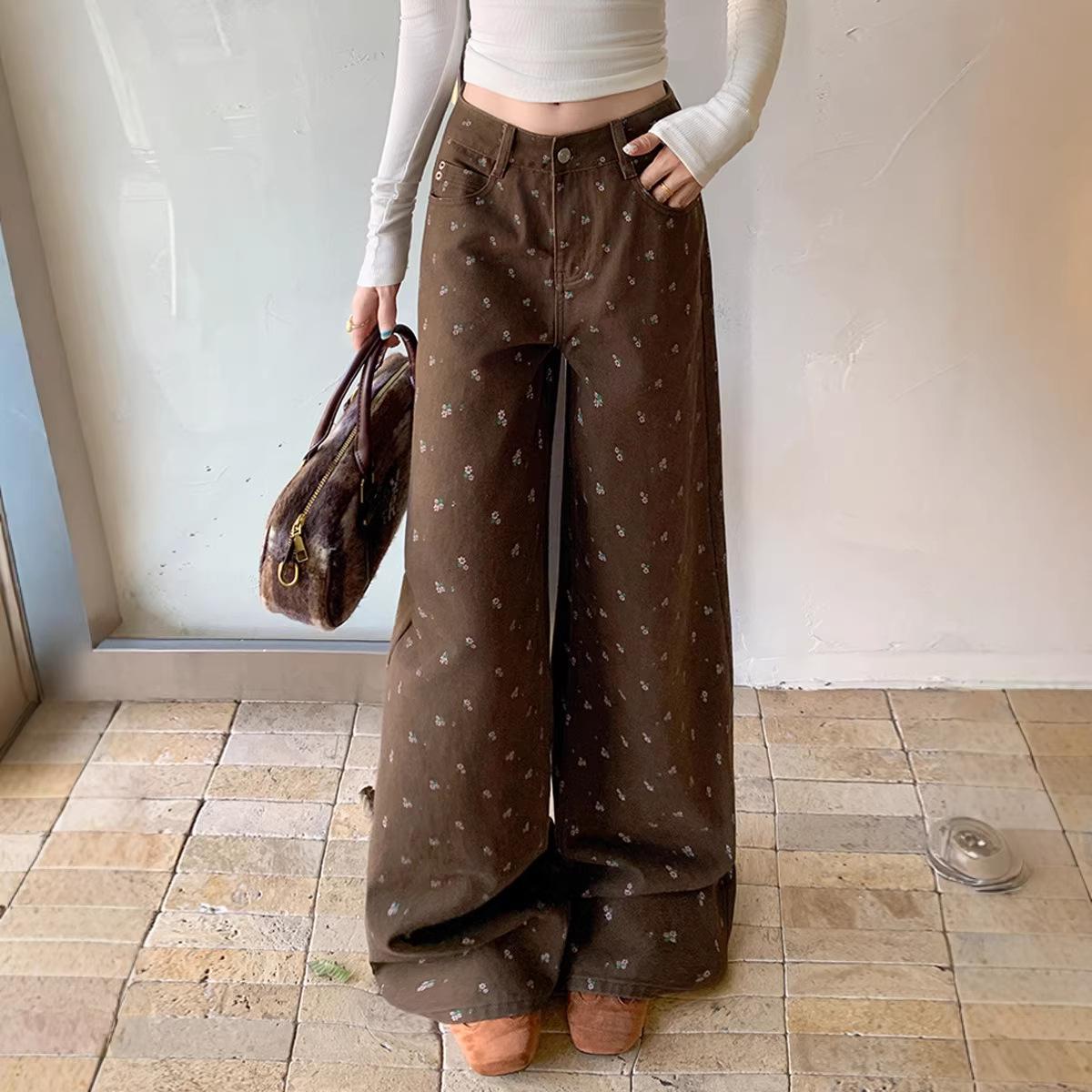 [Korean Style] Xintang Denim Comfortable Floor-Length Casual Versatile American Retro Floral Loose Wide-Leg Jeans for Women
