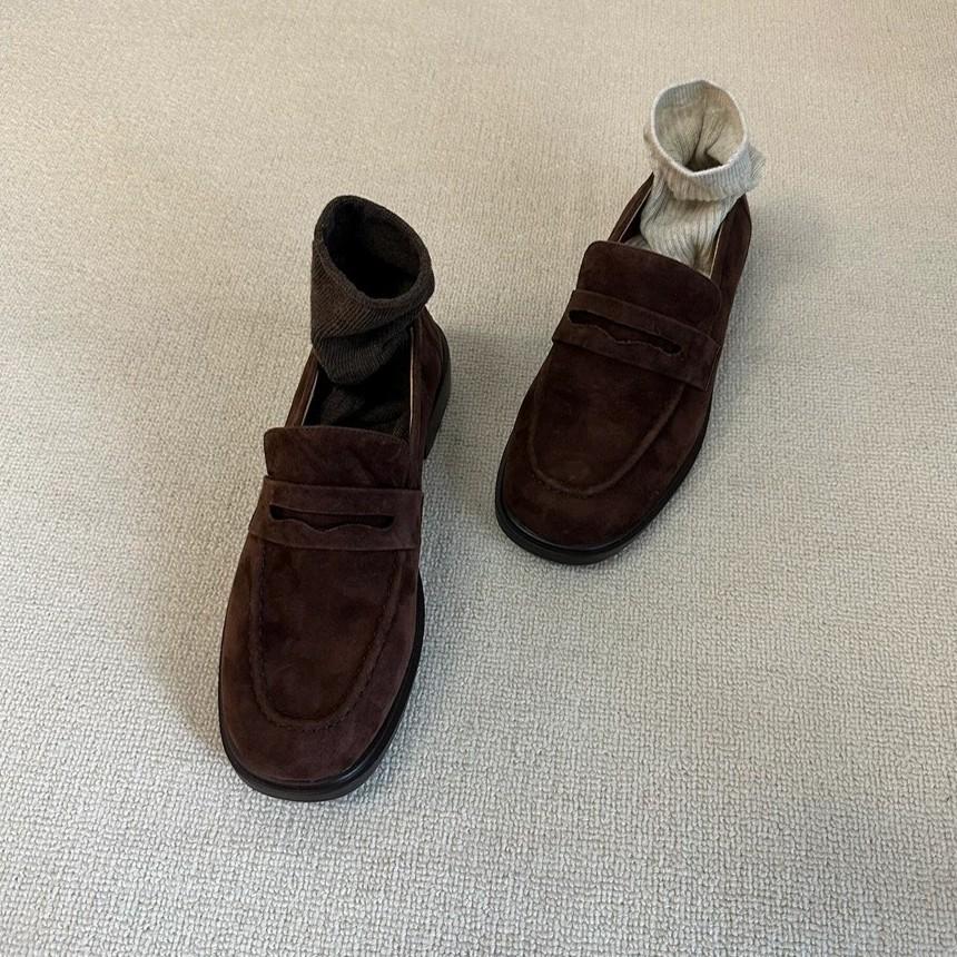 High Version ~ British Niche Suede Square Toe Thick Heel Deep Mouth Loafers Women's Autumn and Winter Versatile Work Clothing Shoes