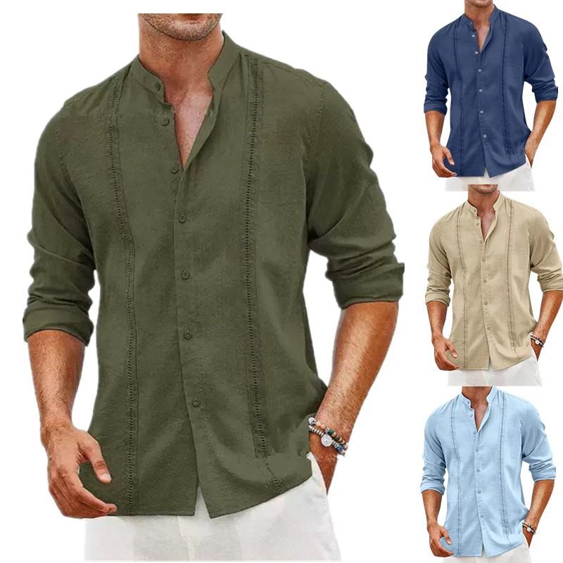2024 AliExpress cross-border new men's youth cardigan button solid color casual stand collar long sleeve shirt