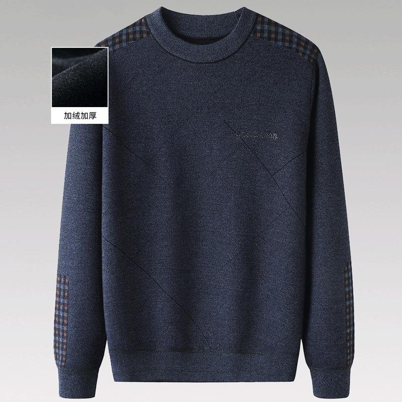 Dad Sweater Fleece-Lined Thickeneded Warm Top Men's Round Neck Knitted Bottoming Shirt Autumn and Winter Middle-Aged and Elderly Grandpa Clothing