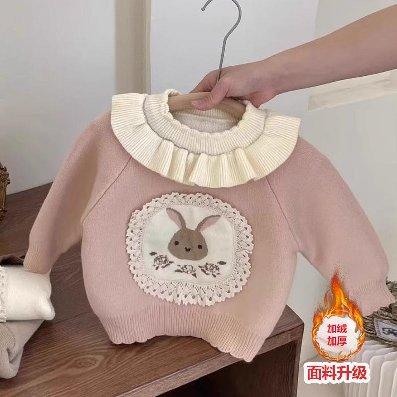 Girls' autumn and winter fleece-lined thickened round neck sweater 1-year-old baby one-piece velvet warm top 2 children's winter sweater