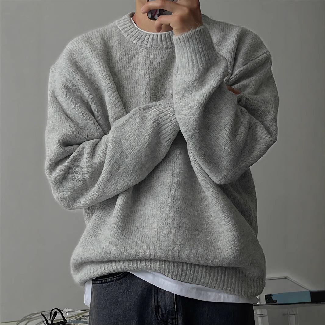Solid Color Drop Shoulder Round Neck Knit Sweater for Men, Spring and Autumn Lazy Style Basic Versatile Sweater, Warm Thickened Mature Style Jacket