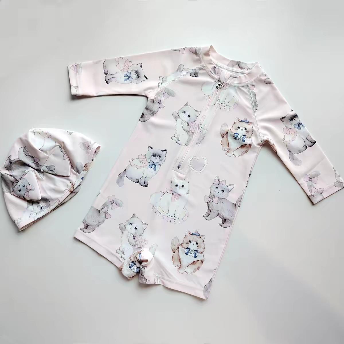 Children's Long-Sleeved One-Piece Swimsuit, Sun Protection, Antibacterial and Anti-Chlorine, Girls' Beach Swimsuit, Baby Girl's Cat Princess Swimsuit