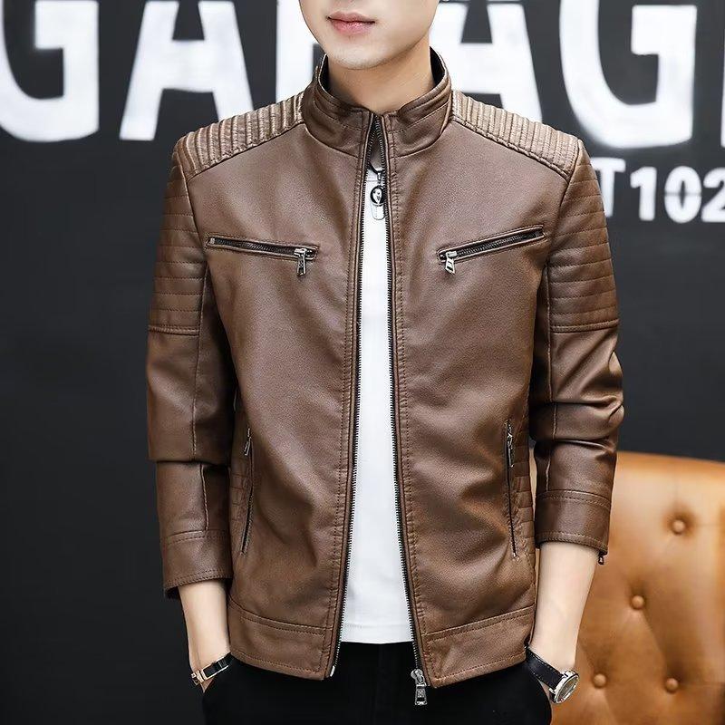 Leather Jacket Slim-fit Thickened Handsome Jacket Men's Casual Jacket Motorcycle Winter PU Trendy Spring and Autumn Leather Jacket
