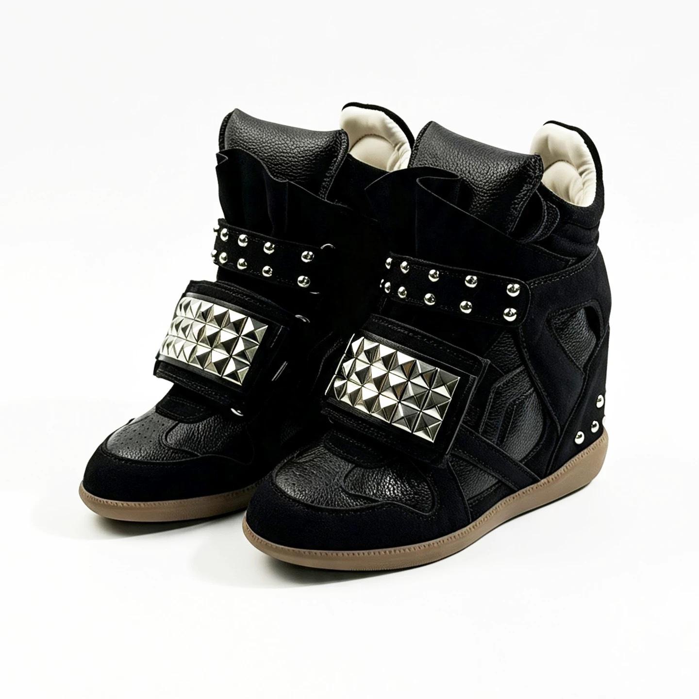 2026 Spring Collection Retro Genuine Leather Velcro High-Top Casual Shoes for Women with Wedge Heel, Versatile Rivet Thick-Soled Height-Increasing Sneakers