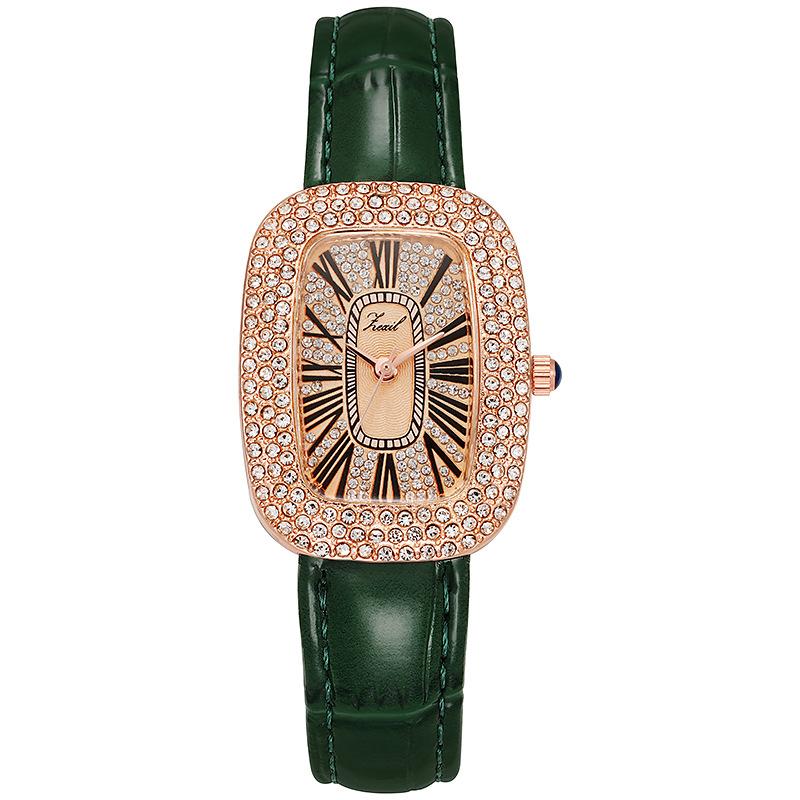 Retro Square Starry Sky Watch for Women, Popular Model, Light Luxury Full Diamond Quartz Watch, Pigeon Egg Strap, Small Green Watch