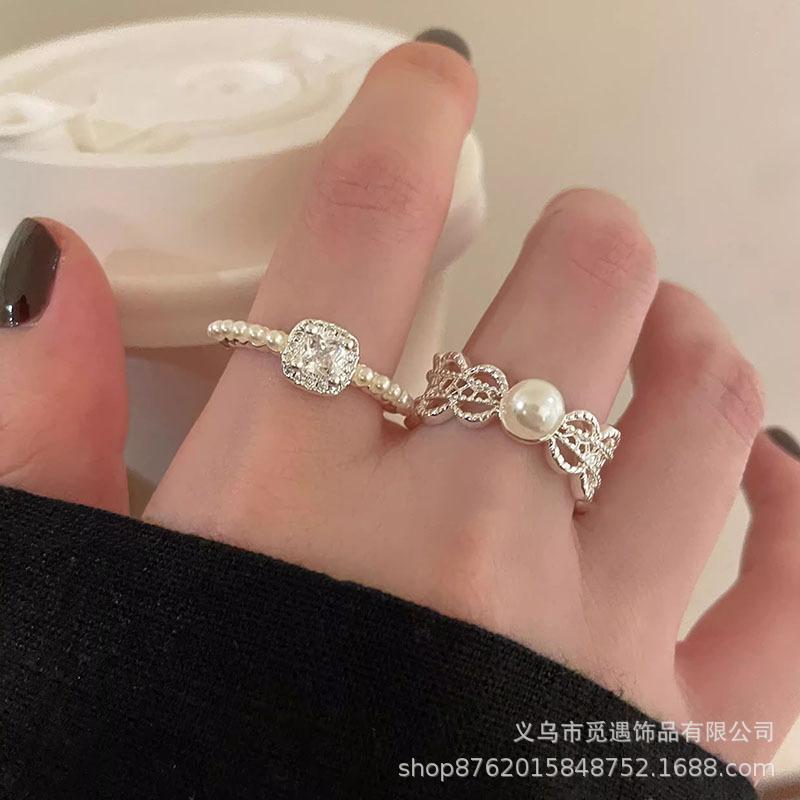 Korean-Style Lace Pearl Zircon Ring for Women, Niche Design, Open-Ended Index Finger Ring, Light Luxury, High-End Feel, Stackable Ring