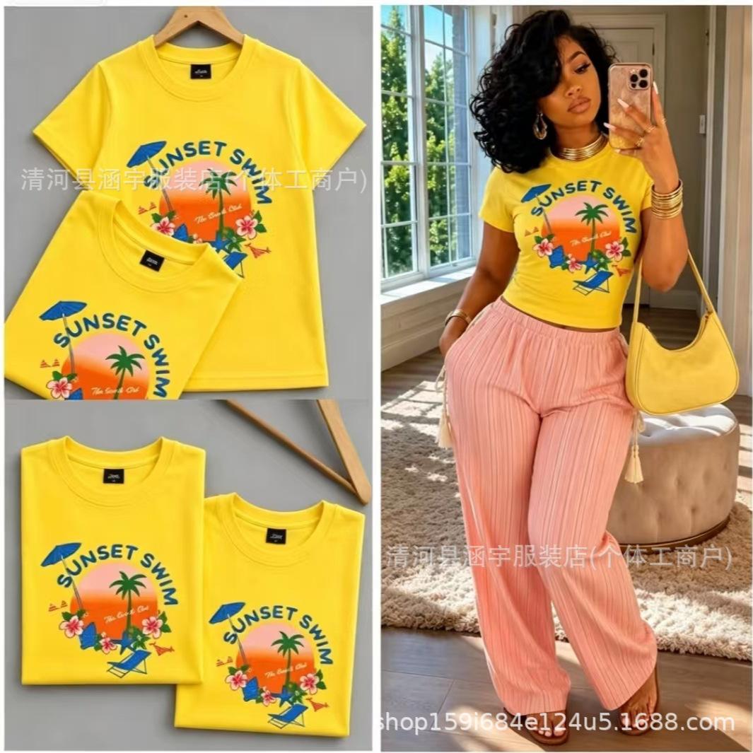 BasicTops Women's Slim-Fit Summer European and American Cross-Border Ribbed Cotton T-Shirt with Yellow Cartoon Print Basic Top T-Shirt