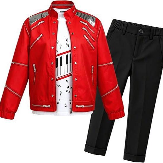 The Road to Superstar Status: Michael Jackson Stage Costume Cosplay Red Leather Jacket Role Play Cosplay Outfit