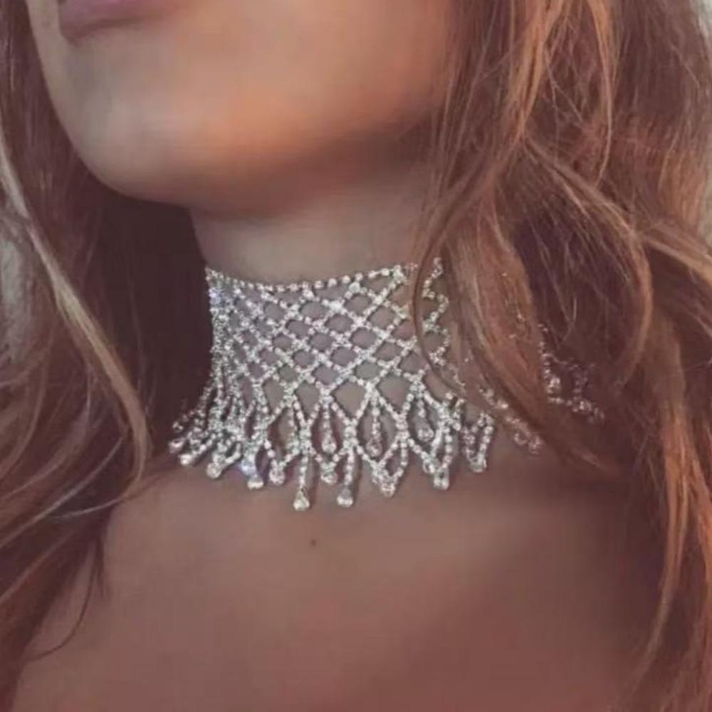Cross-Border Popular Full Diamond Mesh Tassel Necklace Banquet Accessories Rhinestone Multi-Row Clavicle Chain Bridal Wedding Jewelry for Women