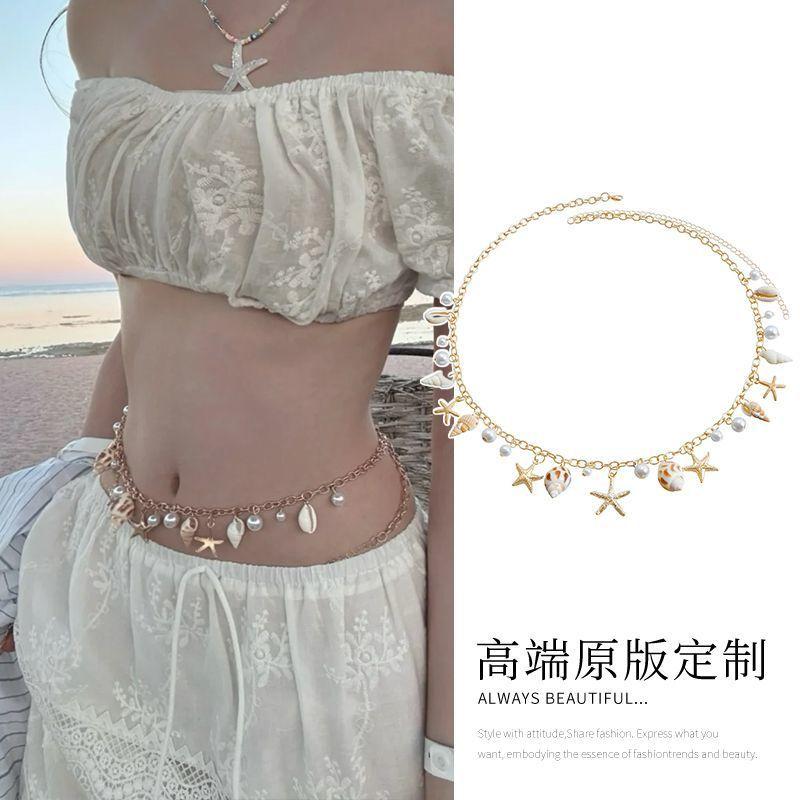 Bohemian Summer Beach Shell Waist Chain Seaside Travel Imitation Pearl Starfish Conch Pendant Body Chain European and American