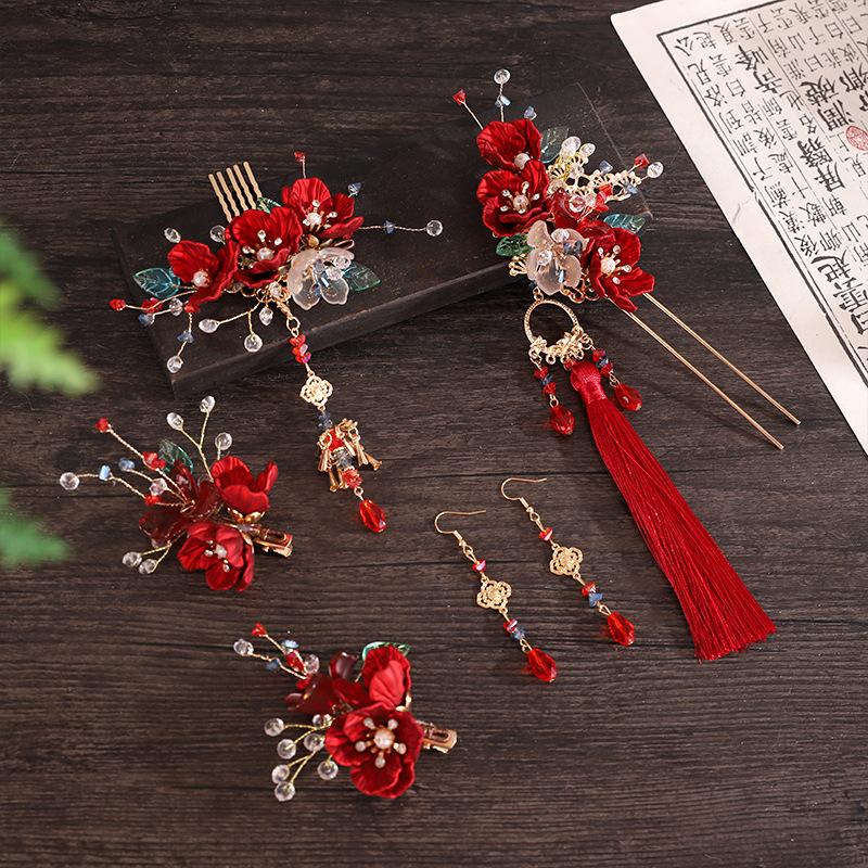 Chinese Antique Style New Costume Headdress Red Xiuhe Tassel Hairpin Velvet Flower Wedding Hair Accessories Wedding Bride Jewelry