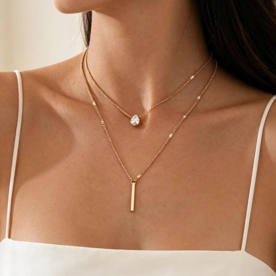 European and American Cross-Border Minimalist Fashion Eco-Friendly Material Water Drop Rectangular Pendant Necklace for Women Double-Layered Clavicle Chain