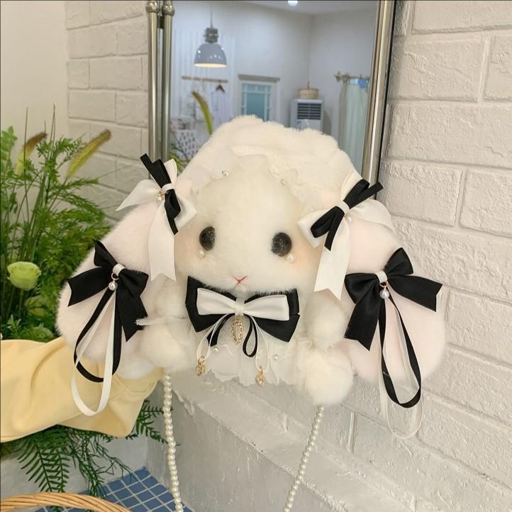 Cute and Sweet Plush Doll Shoulder Bag Pearl Chain Backpack Japanese Lolita Bow Rabbit Bag