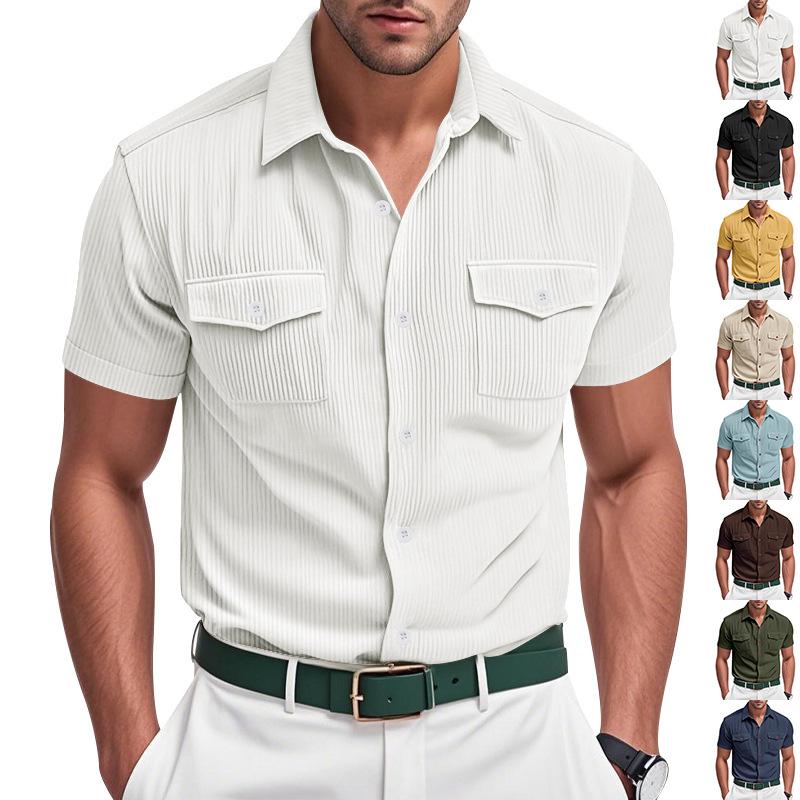 Cross-Border American Summer Men's Short-Sleeved T-Shirt Shirt Casual Loose Ami Khaki Corduroy Workwear Heavyweight T-Shirt for Men