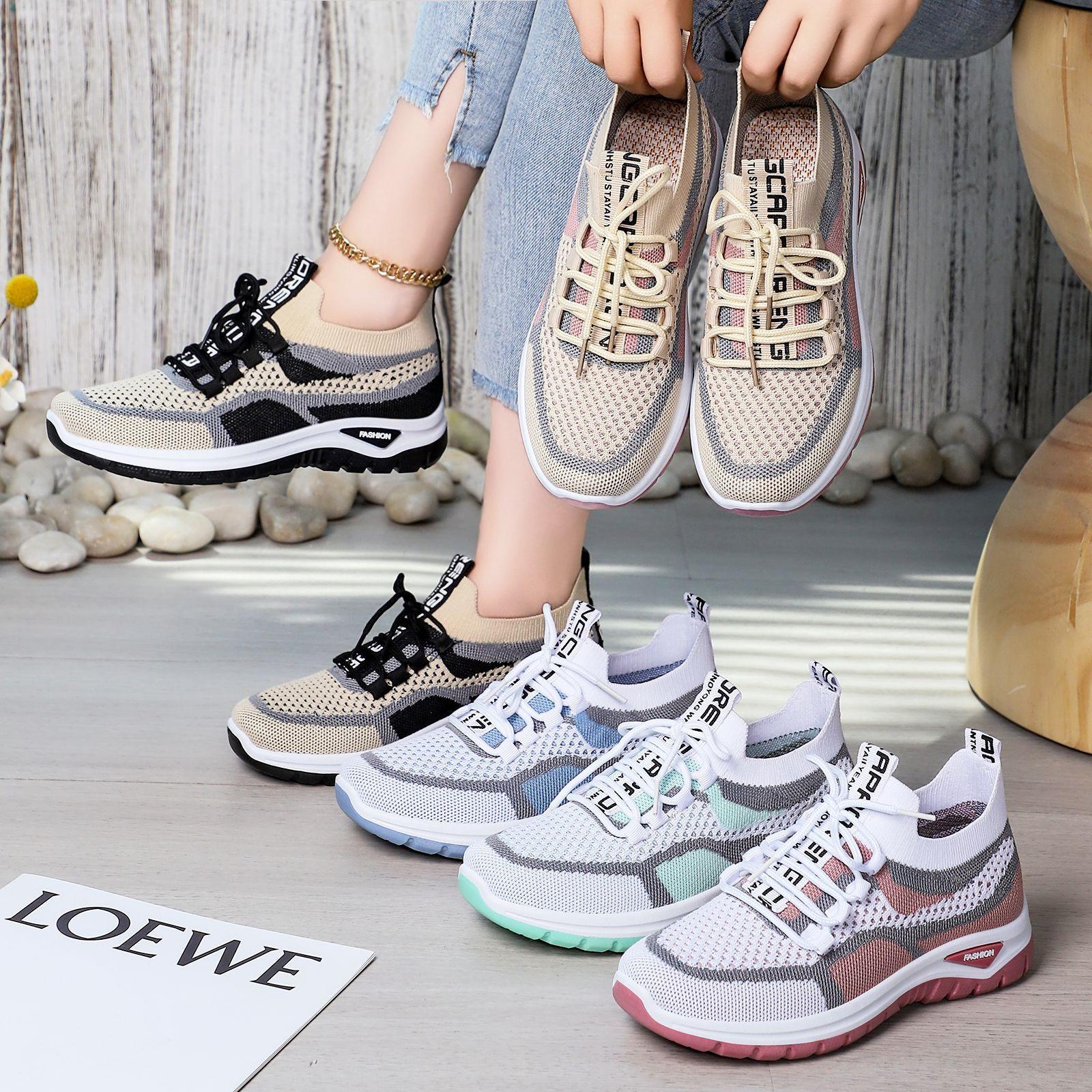 Shoes for Women, Large Size Cross-Border Sports Shoes, Fly-Knit Single Shoes, Breathable Casual Shoes, Comfortable Shoes, Women's Lace-Up Running Shoes