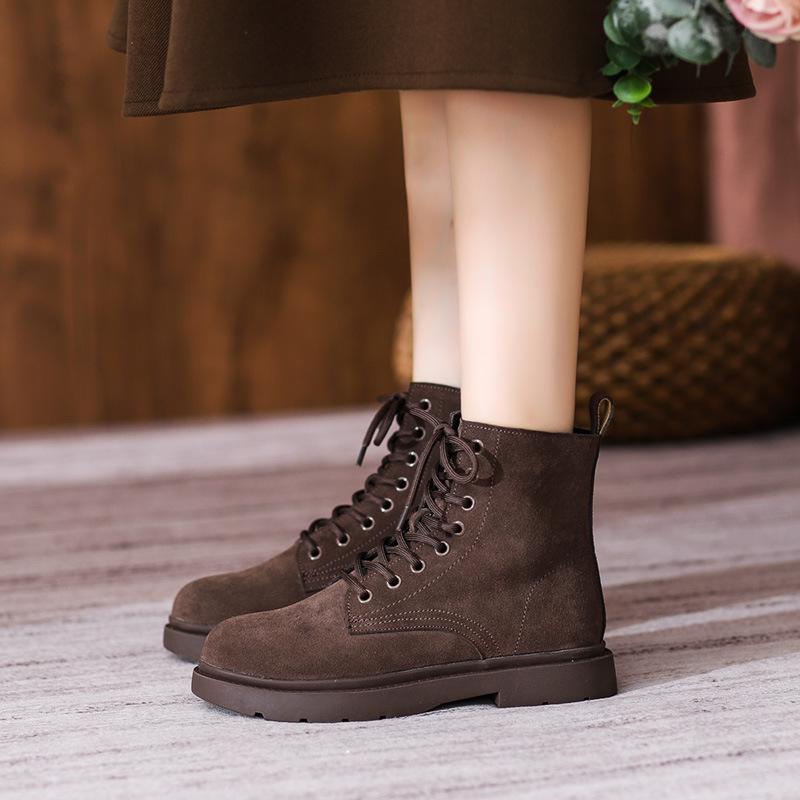 New Genuine Leather Boots 2024 British Style Frosted Genuine Leather Women's Boots Medium Heel Flats Short Boots for Women 8-Hole Boots for Women
