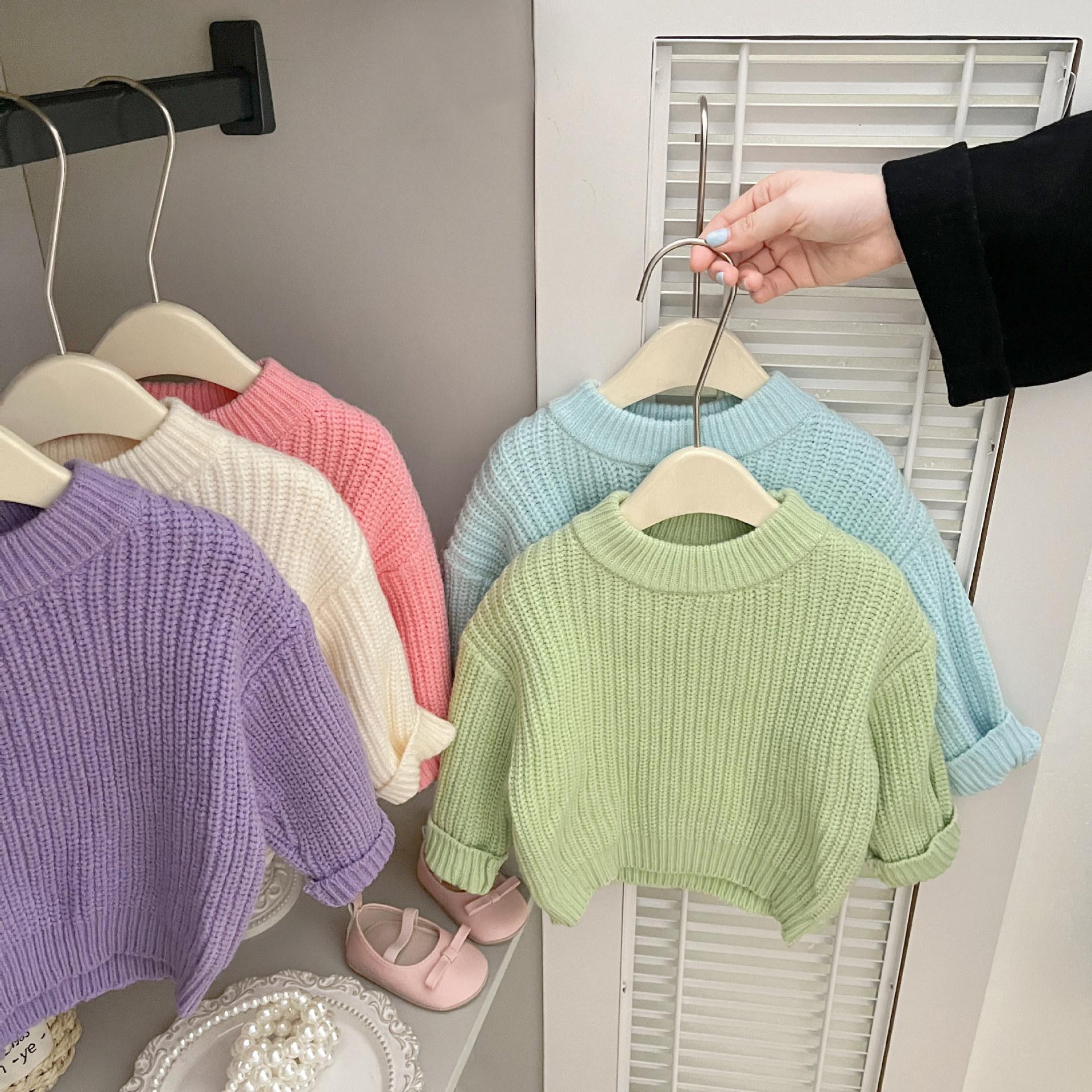Korean Style Baby Clothes for Autumn and Winter, Boys' Round-Neck Knit Tops, Versatile Candy-Colored Pullover Sweaters for Girls, Trendy Style