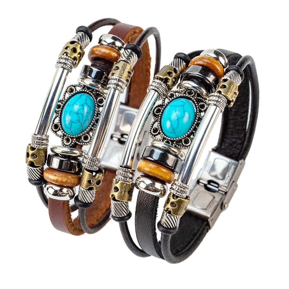 Genuine leather bracelet with oval turquoise lucky flower charm, top-layer cowhide wrist accessory with stainless steel clasp