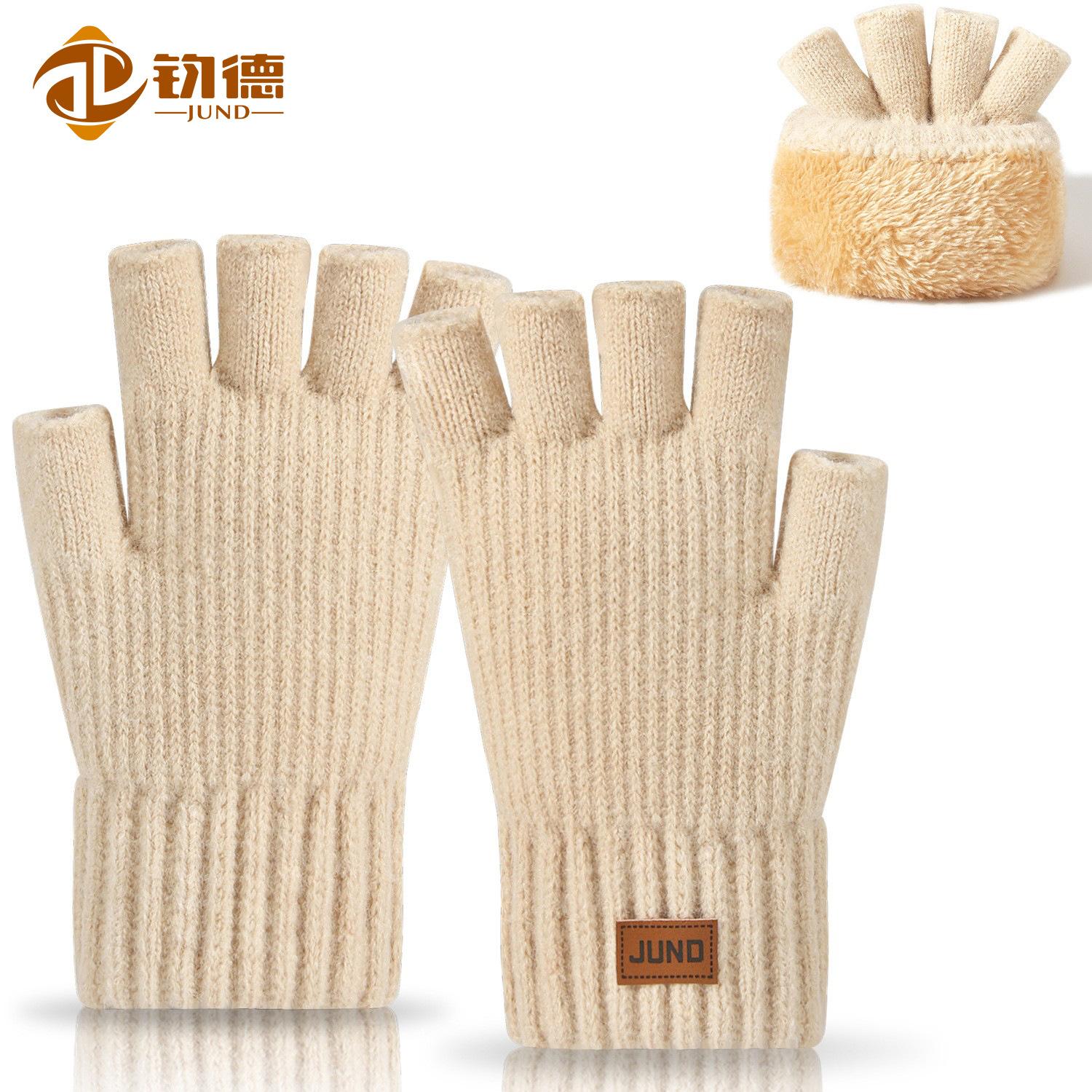 Thickened Fingerless Gloves for Autumn and Winter Fleece-Lined Knitted Cold-Proof and Warm Half-Cut Writing Woolen Half-Finger Gloves
