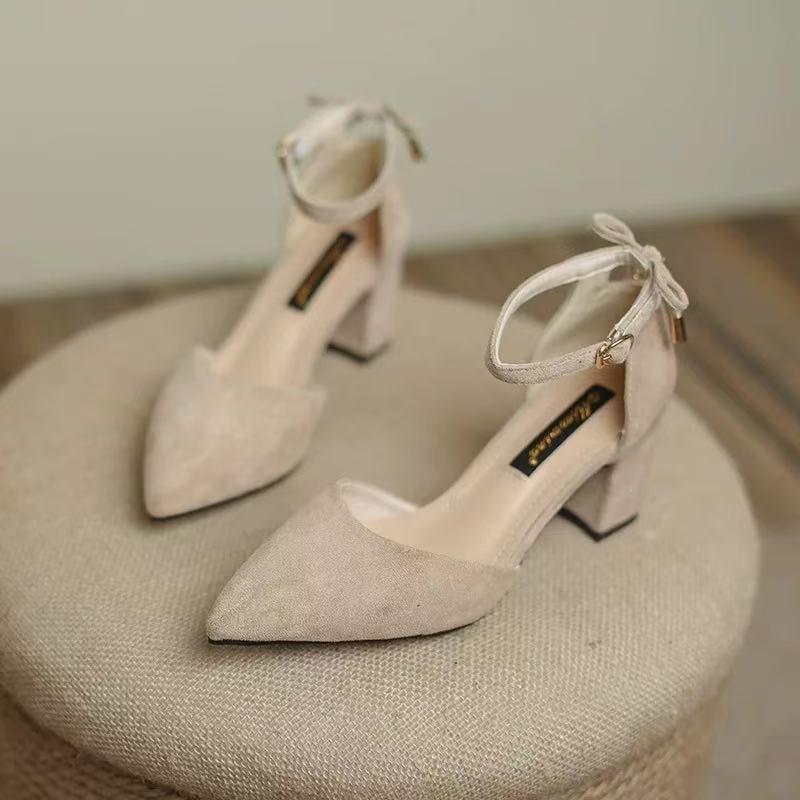 Baotou Sandals for Women, Hollow Shoes, 2026 Spring and Summer New Style, Evening Style Chunky Heels, Korean Style Bowknot Professional Heels
