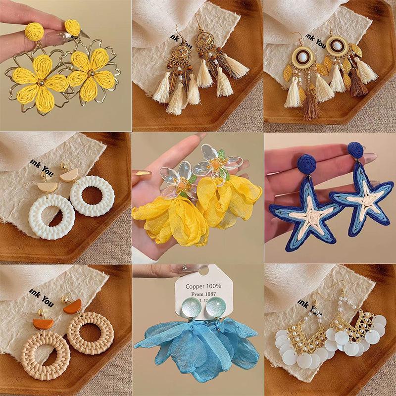 Vacation Style Seaside Large Flower Earrings Raffia Popular High-End Accessible Luxury Starfish Earrings Niche Elegant Earrings
