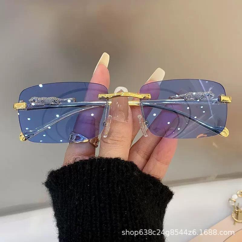 Frameless Sunglasses for Women with Metal Cheetah Temple, Trendy Influencer Party Glasses, Cross-Border Sunglasses for Men and Women