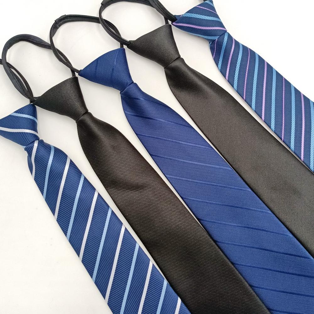 Men's Formal Business Tie Lazy Zipper Manufacturer Ready Stock 8cm Easy-Pull Stripesd Black Tie Free of Knots