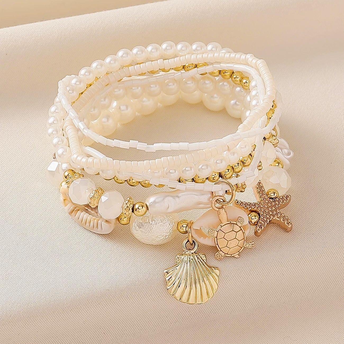 European and American Bohemian Style Starfish, Conch, and Pearl Bracelet, Exaggerated Beach Vacation Style, New Shell Single-Circle Accessory