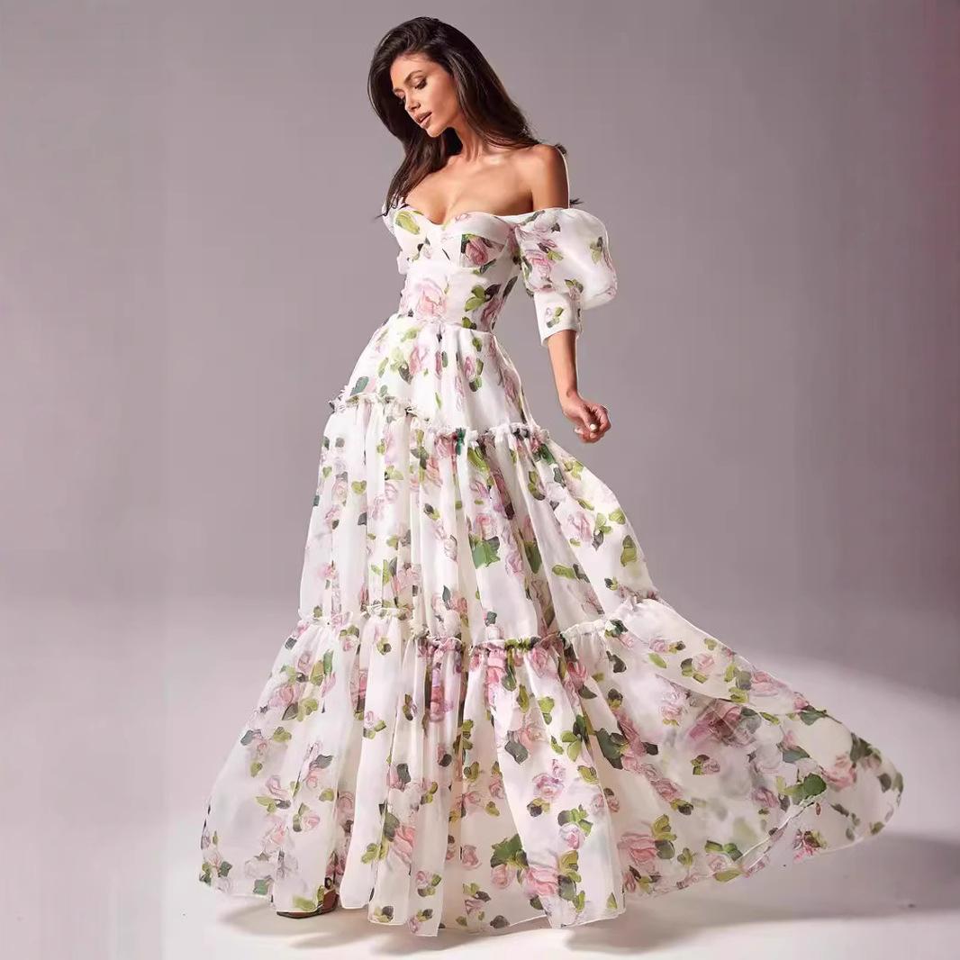 Europe and the United States cross-border new off-shoulder European and American women's fashion organza fairy long temperament evening dress dress