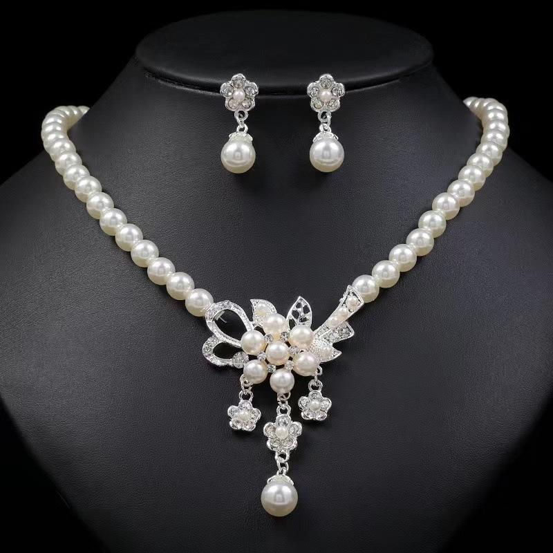 European and American Super Flash Pearl Bride Necklace Women's Earrings Two-Piece Set Simple Dress Wedding Accessories suit Wedding Accessories