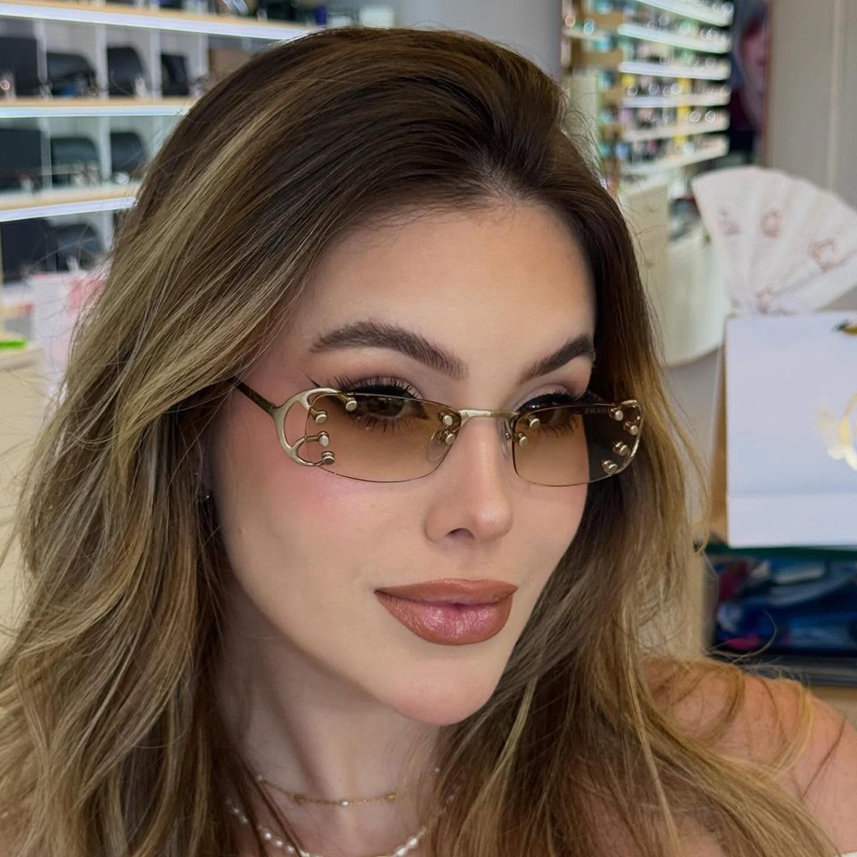 European and American fashion new hollow temple sunglasses, small frame square rimless trendy sunglasses, high-end men's and women's eyewear