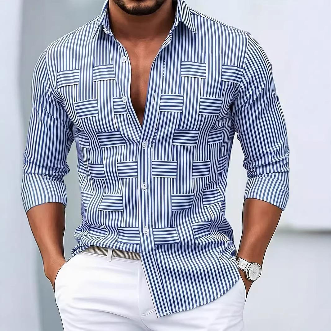 Popular European and American men's cardigan, trendy long-sleeve shirt, four-way stretch, loose-fitting, British-style long-sleeve men's turn-down collar shirt