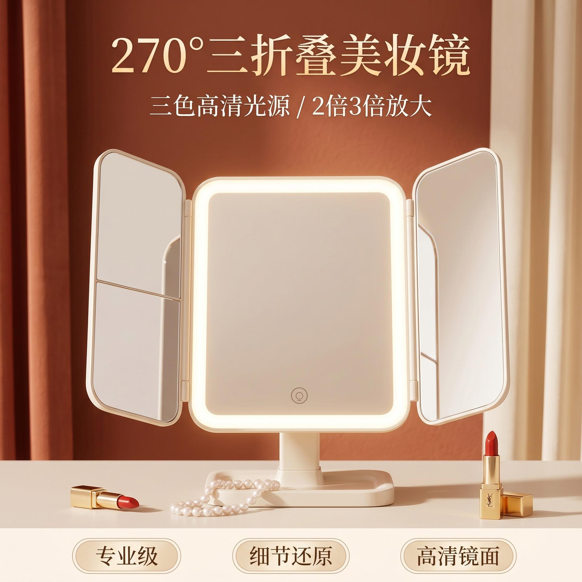 New Led Makeup Mirror Desktop with Lights, Foldable, Magnifying, Popular in Dorms, Desktop Beauty Mirror for Bedroom Dressing Table for Women