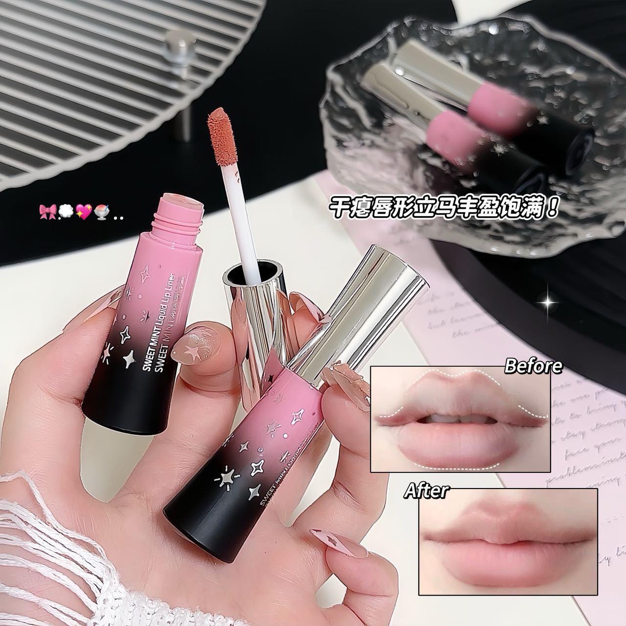 SWEET MINT liquid lip liner provides rich color, silky smooth application, outlines the lip shape, creates plump lips, and is easy to apply for a soft matte finish