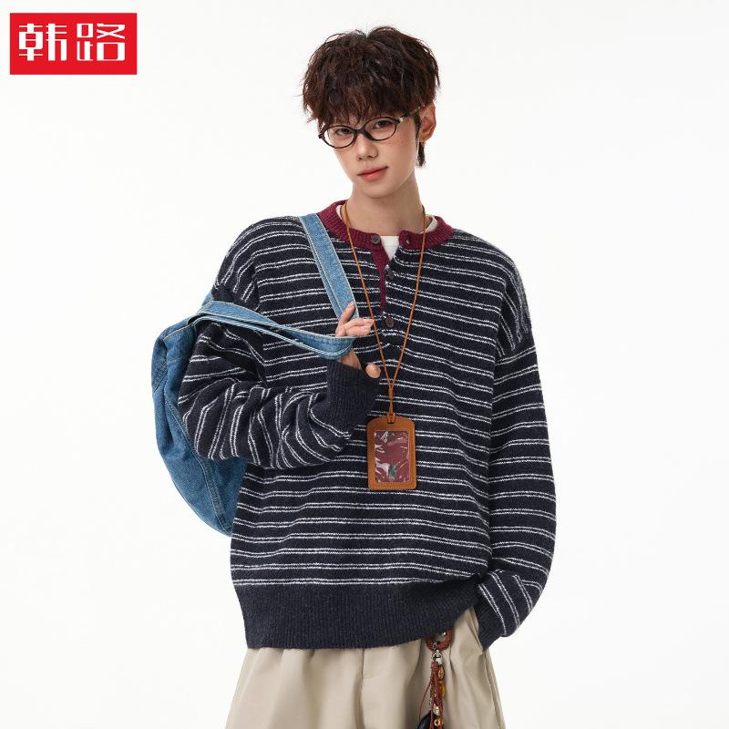 Hanlu | Striped color-block design Henry collar sweater for men, autumn and winter vintage old money style casual pullover knitwear