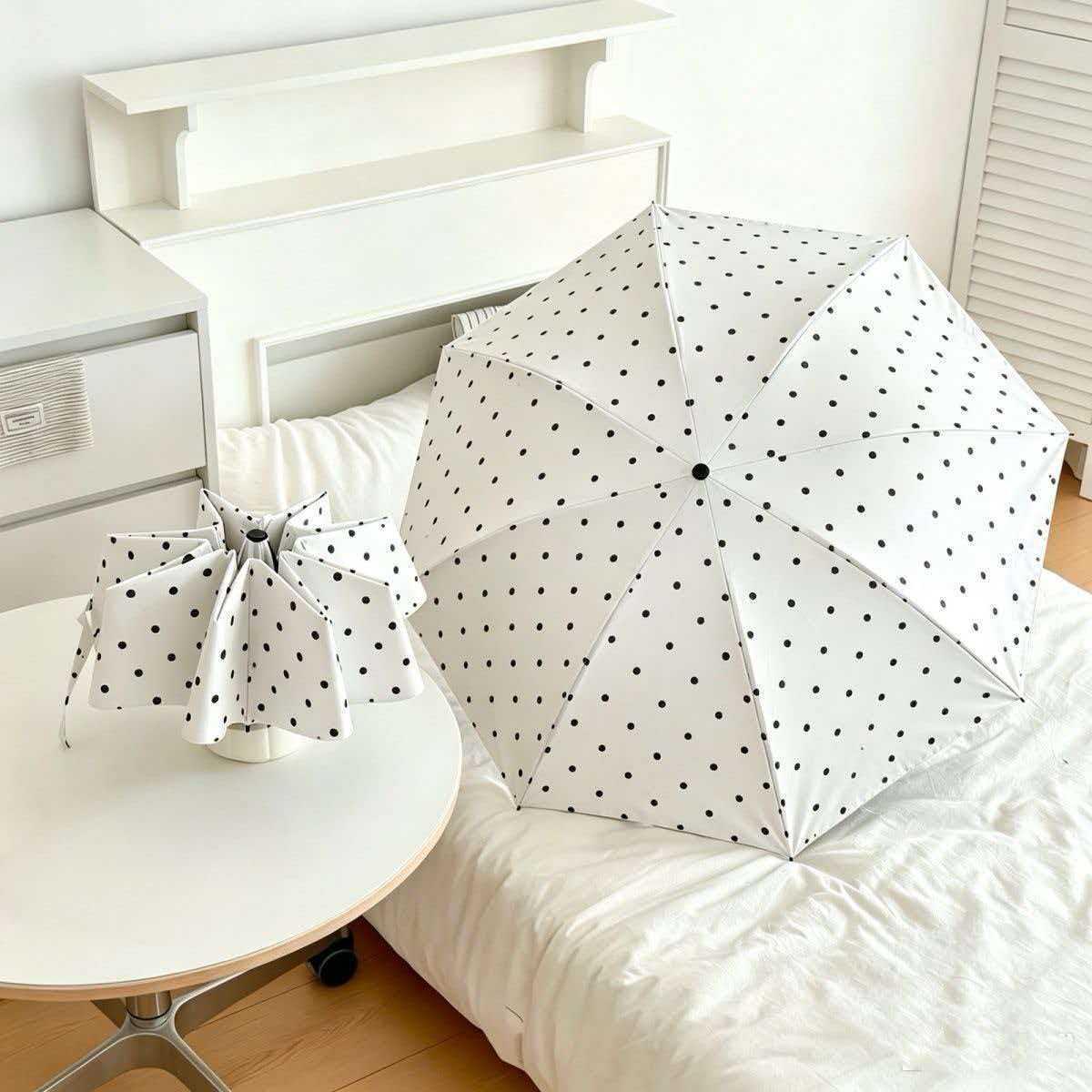 Polka Dot Automatic Folding Sun and Rain Umbrella, Vintage Black Coating, Sun Protection, UV Protection, Dual-Purpose Sunshade Umbrella, Wholesale