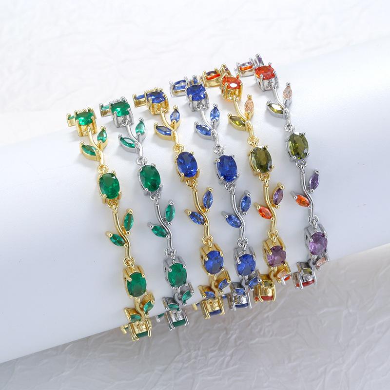 Elegant and Versatile Copper Inlaid with Colored Diamonds Leaf and Petal Bracelet, Fashionable Light Luxury Leaf and Tulip Stackable Jewelry Direct Sale