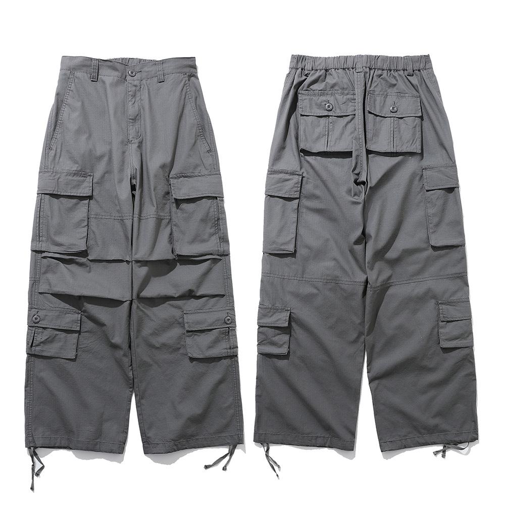 Functional style Pocket Workwear casual pants men's loose wide-leg trousers pleated paratrooper drawstring sports pants high street fashion