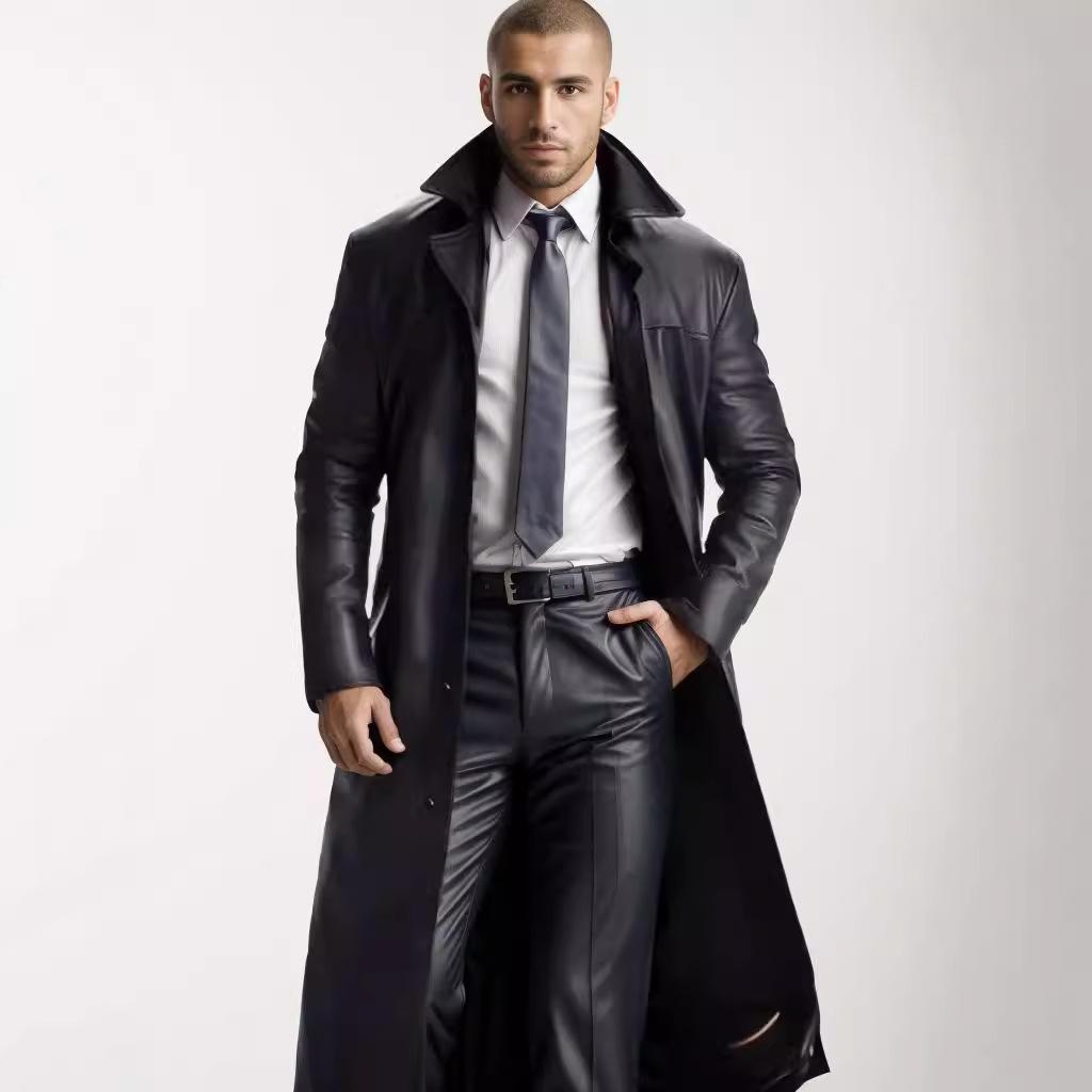 Hot Selling Cross-Border Spot Men's Clothing Extended Windbreaker Men's Fashion Extended Pu Leather Jacket Slim Fashionable Leather Jacket