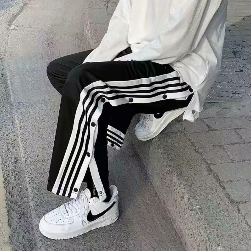 Summer 2025 Thin Korean Style Fashionable Striped Straight Side Buckle Pants Loose Casual Wide Leg Basketball Sports Pants for Men