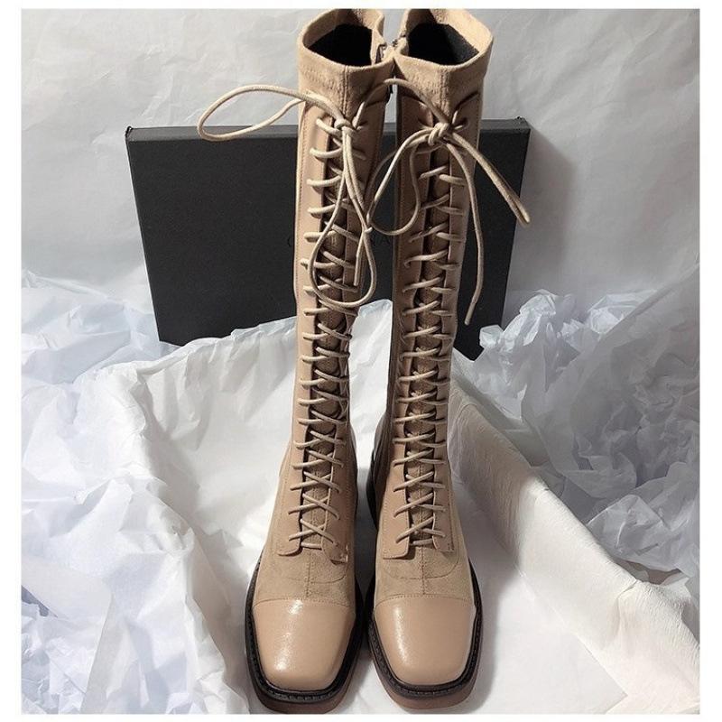 2026 Autumn and Winter New Style Wide Calf Circumference Spliced Round Toe Lace-Up High Boots for Women, College Style Riding Boots, Fashion Boots for Women