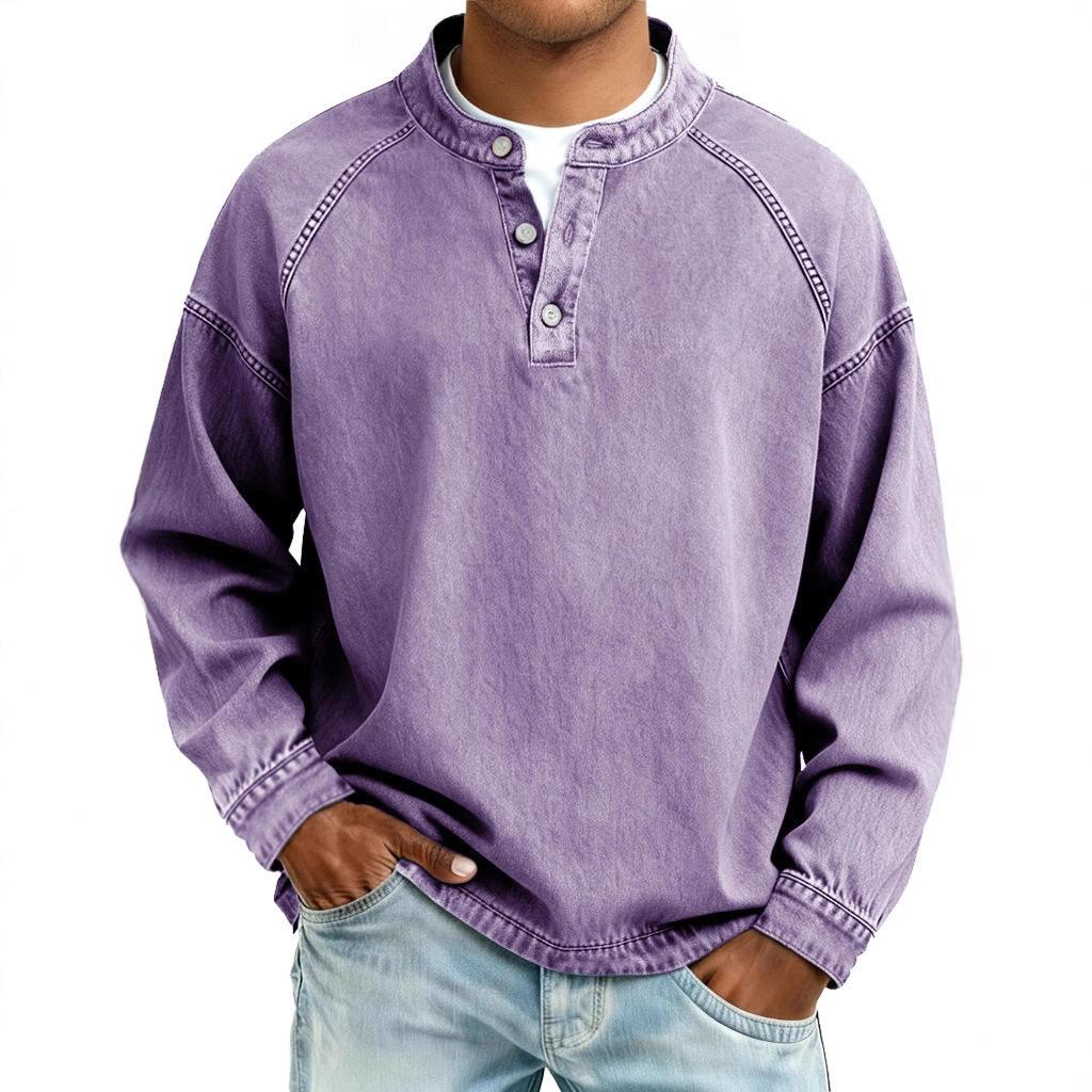 2026 New Cross-Border Men's Washed Vintage Denim Henley Collar Casual Shirt with Loose Raglan Sleeves and Retro Long Sleeves