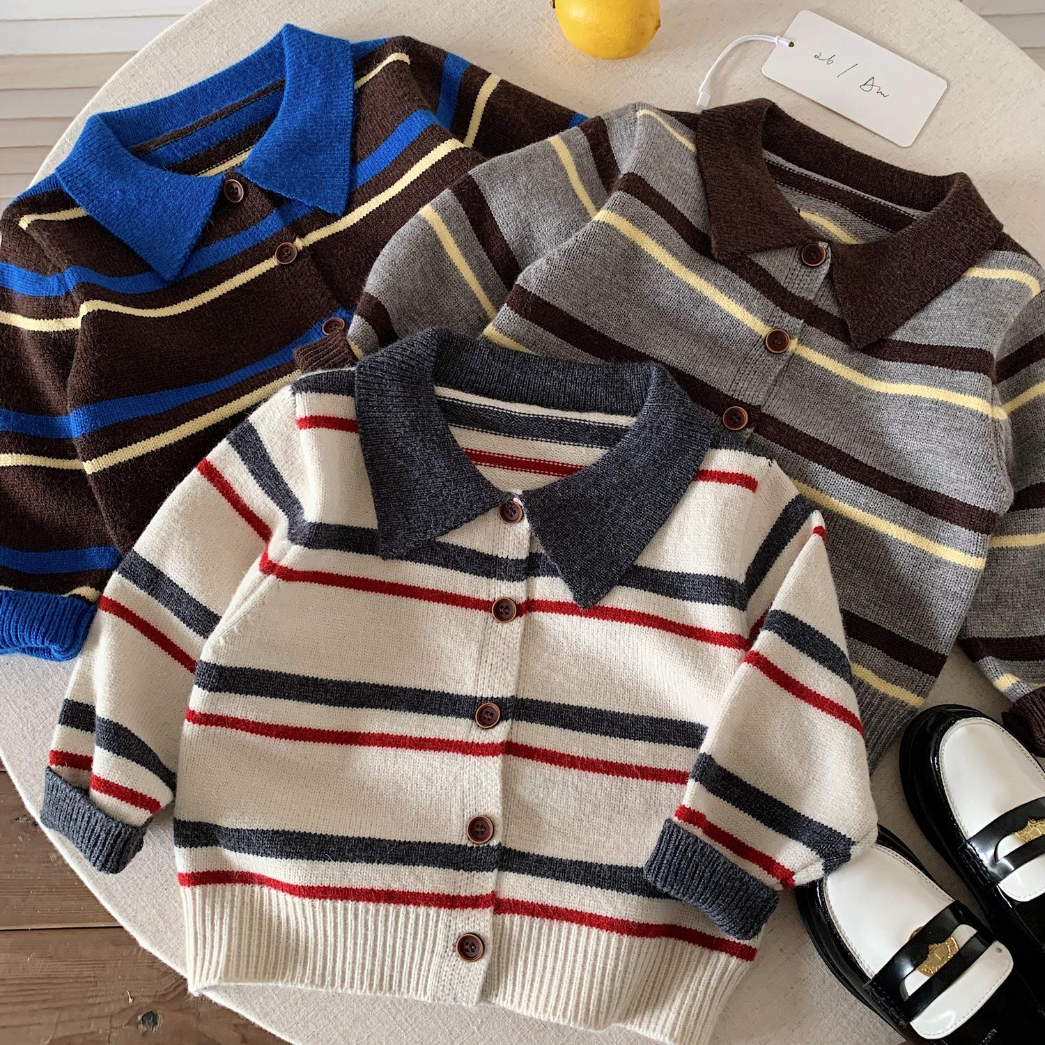 Boys' Sweater 2026 Autumn New Style Children's Turn-down Collar Striped Loose Top Baby Cardigan Casual Knitwear Trendy